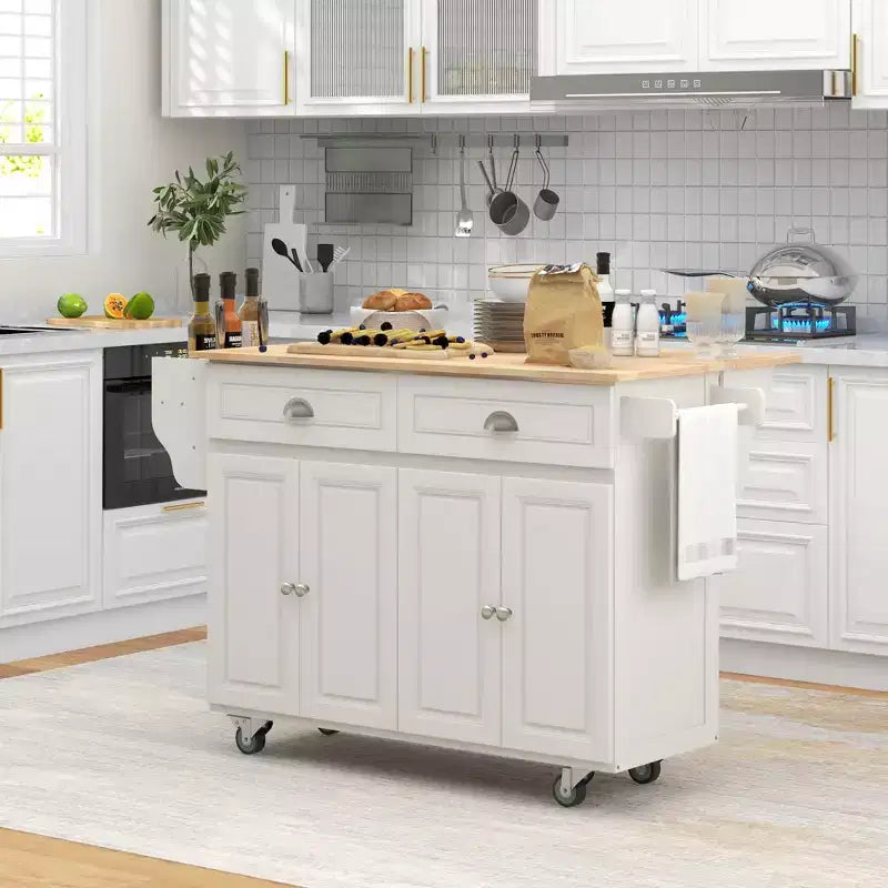 HOMCOM Isola Carrello da Cucina Pieghevole con Cassetti, Armadietti e Portaspezie, Top in Legno Massello, con Ruote