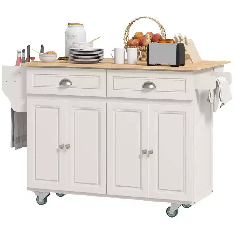 HOMCOM Isola Carrello da Cucina Pieghevole con Cassetti, Armadietti e Portaspezie, Top in Legno Massello, con Ruote