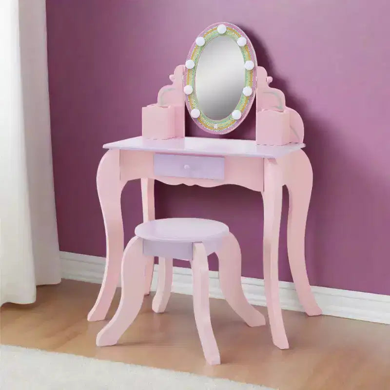 Fantasy Fields Little Princess Rapunzel Wooden Vanity with LED Mirror & Stool, Pink