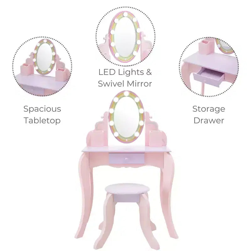 Fantasy Fields Little Princess Rapunzel Wooden Vanity with LED Mirror & Stool, Pink