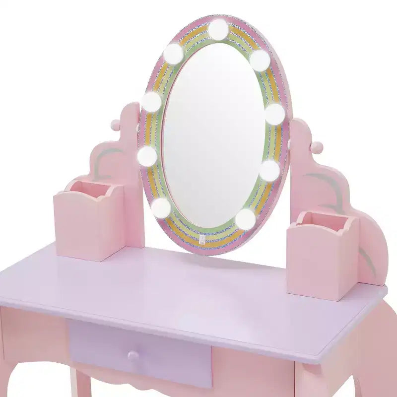 Fantasy Fields Little Princess Rapunzel Wooden Vanity with LED Mirror & Stool, Pink