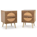 Comodino Costway da 2 pezzi in rattan con 2 cassetti, gambe in legno massello, tavolino da caffè compatto in legno