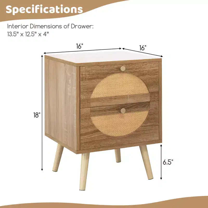 Comodino Costway da 2 pezzi in rattan con 2 cassetti, gambe in legno massello, tavolino da caffè compatto in legno