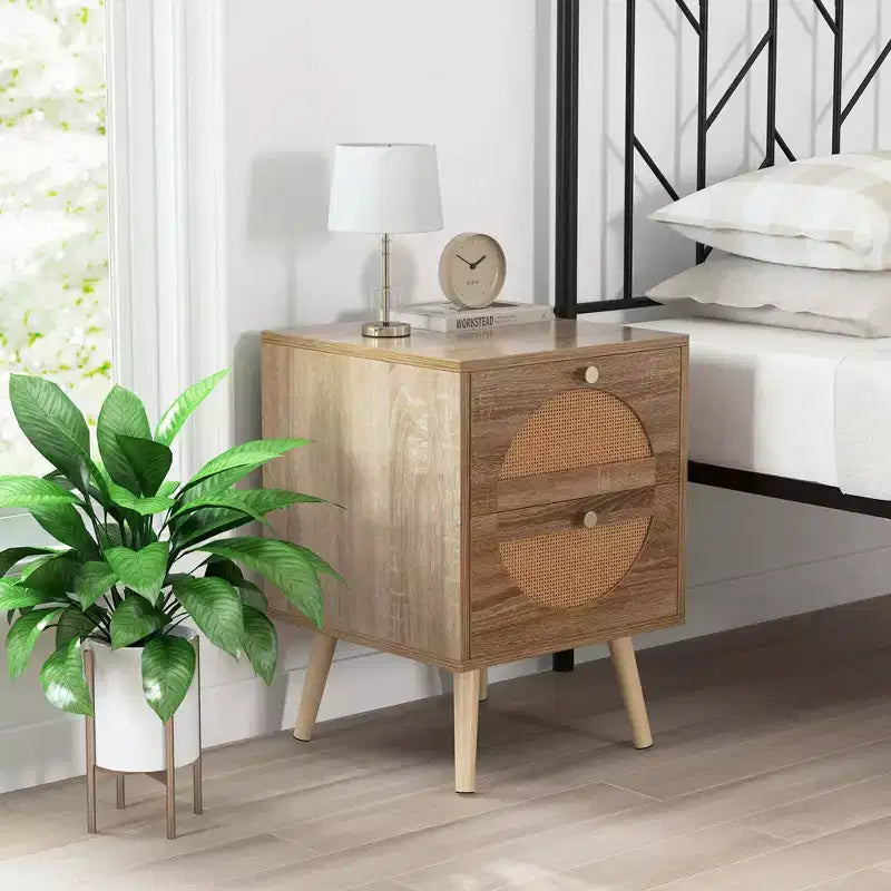 Comodino Costway da 2 pezzi in rattan con 2 cassetti, gambe in legno massello, tavolino da caffè compatto in legno