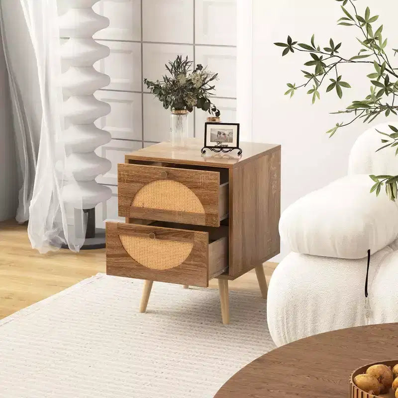 Comodino Costway da 2 pezzi in rattan con 2 cassetti, gambe in legno massello, tavolino da caffè compatto in legno