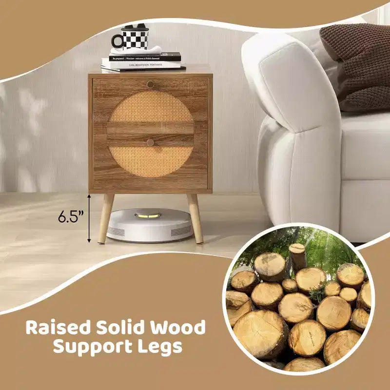 Comodino Costway da 2 pezzi in rattan con 2 cassetti, gambe in legno massello, tavolino da caffè compatto in legno