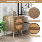 Comodino Costway da 2 pezzi in rattan con 2 cassetti, gambe in legno massello, tavolino da caffè compatto in legno