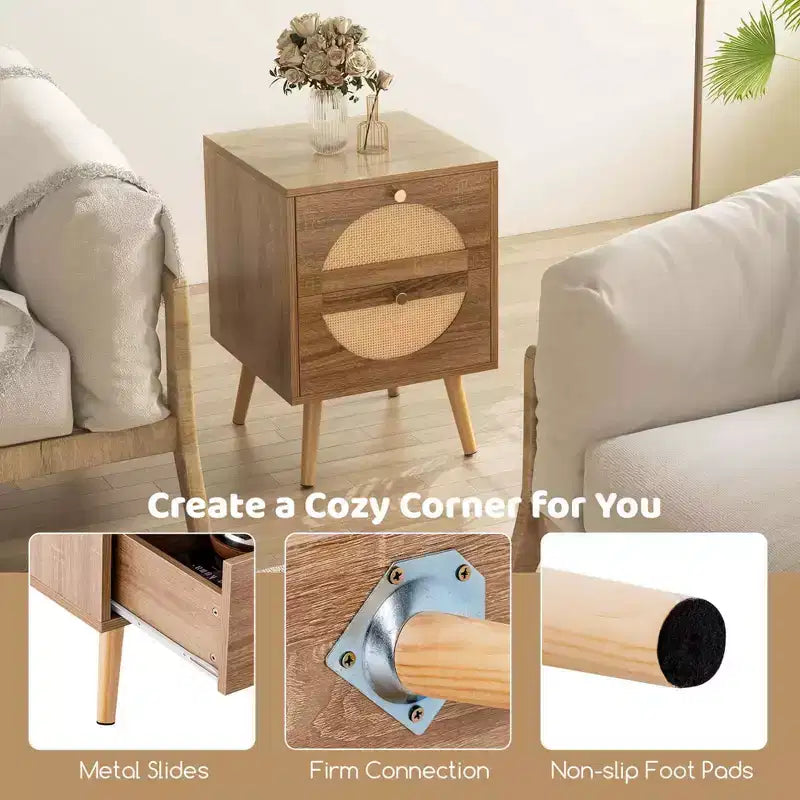 Comodino Costway da 2 pezzi in rattan con 2 cassetti, gambe in legno massello, tavolino da caffè compatto in legno