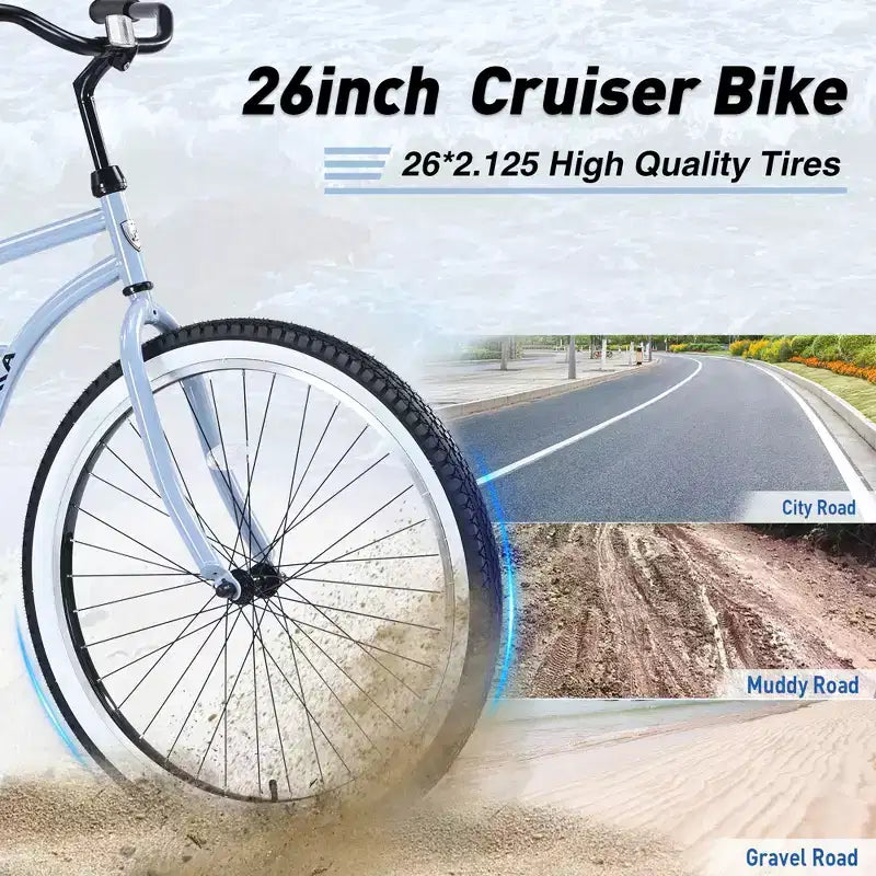 Steel Single Speed Bike 26 Inches, Steel Frame, Wide Wheels For Stability, Rear Pedal Brake, Multiple Colors Men'S Women'S Beach Cruiser Bike