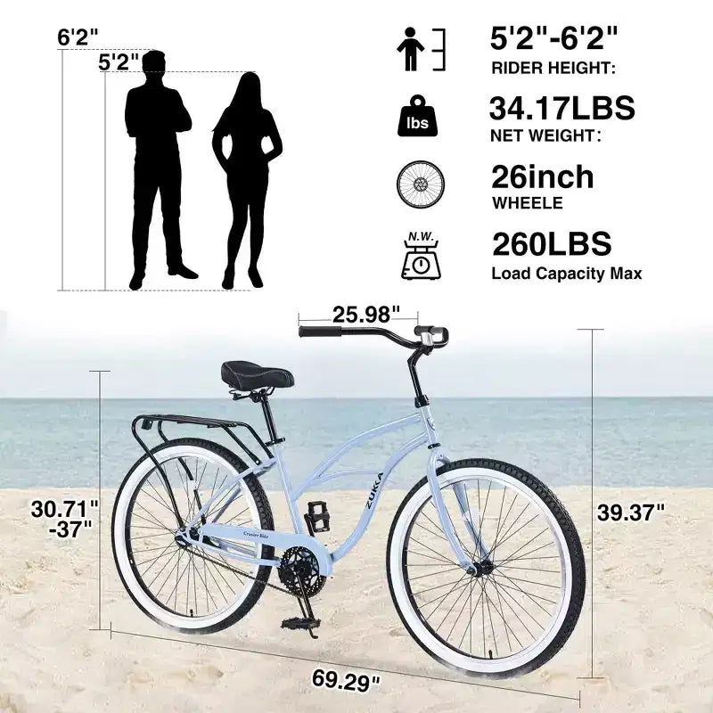 Steel Single Speed Bike 26 Inches, Steel Frame, Wide Wheels For Stability, Rear Pedal Brake, Multiple Colors Men'S Women'S Beach Cruiser Bike