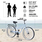 Steel Single Speed Bike 26 Inches, Steel Frame, Wide Wheels For Stability, Rear Pedal Brake, Multiple Colors Men'S Women'S Beach Cruiser Bike