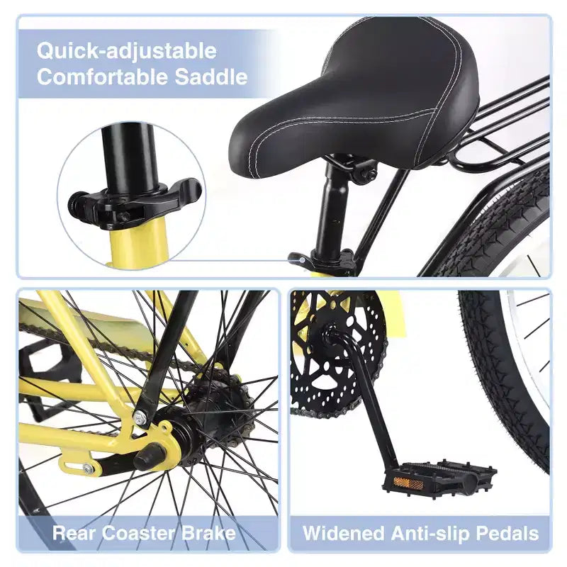 Steel Single Speed Bike 26 Inches, Steel Frame, Wide Wheels For Stability, Rear Pedal Brake, Multiple Colors Men'S Women'S Beach Cruiser Bike