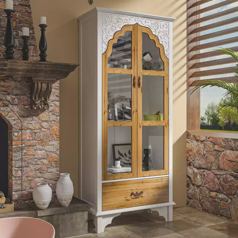 Famapy White Vertical Storage Cabinet Embossed Patterned Arched Glass Doors Bookshelves Display Cabinet Pantry Side Cabinet