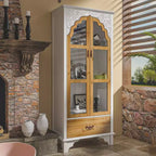 Famapy White Vertical Storage Cabinet Embossed Patterned Arched Glass Doors Bookshelves Display Cabinet Pantry Side Cabinet
