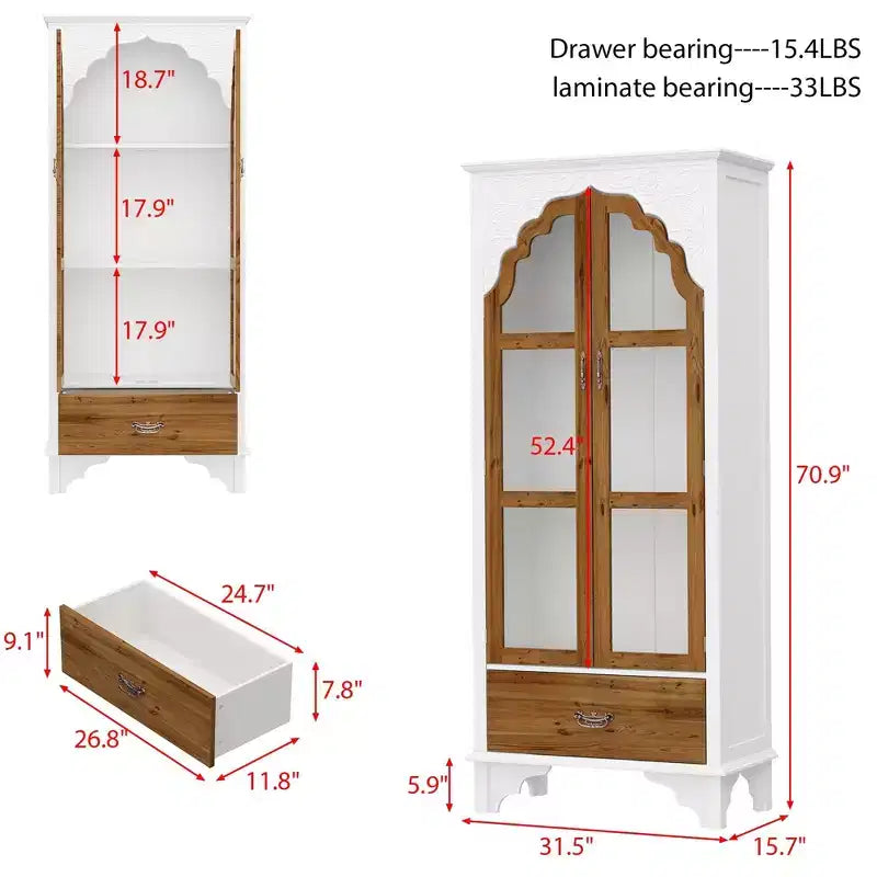Famapy White Vertical Storage Cabinet Embossed Patterned Arched Glass Doors Bookshelves Display Cabinet Pantry Side Cabinet