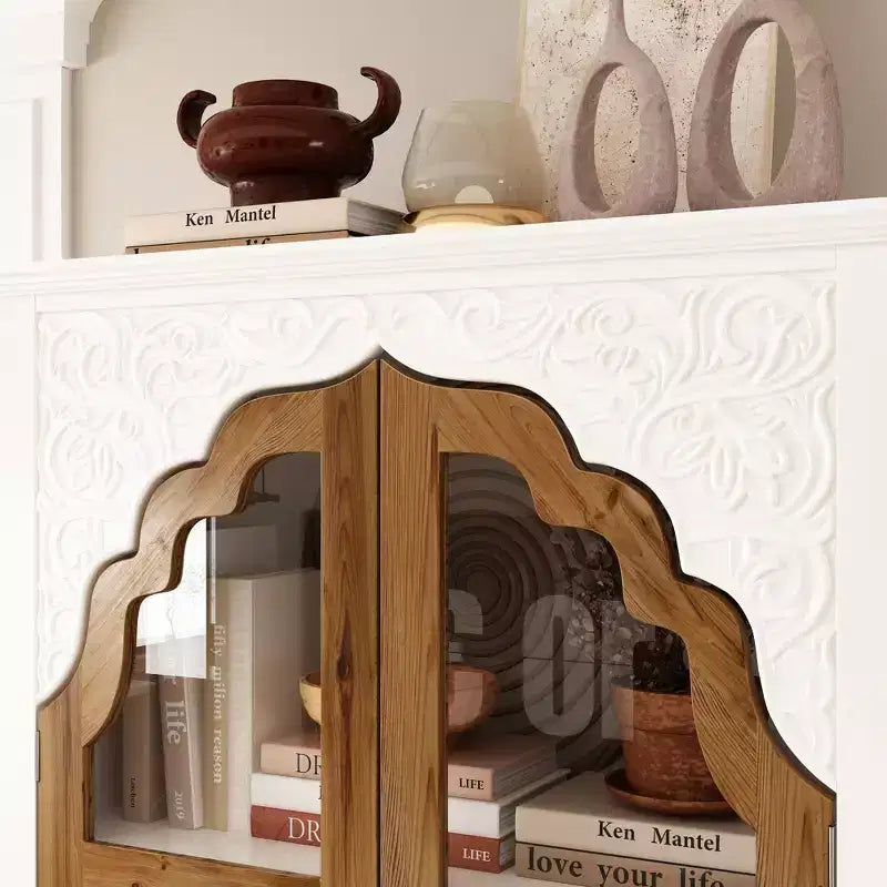 Famapy White Vertical Storage Cabinet Embossed Patterned Arched Glass Doors Bookshelves Display Cabinet Pantry Side Cabinet