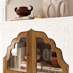 Famapy White Vertical Storage Cabinet Embossed Patterned Arched Glass Doors Bookshelves Display Cabinet Pantry Side Cabinet