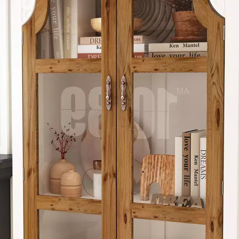 Famapy White Vertical Storage Cabinet Embossed Patterned Arched Glass Doors Bookshelves Display Cabinet Pantry Side Cabinet