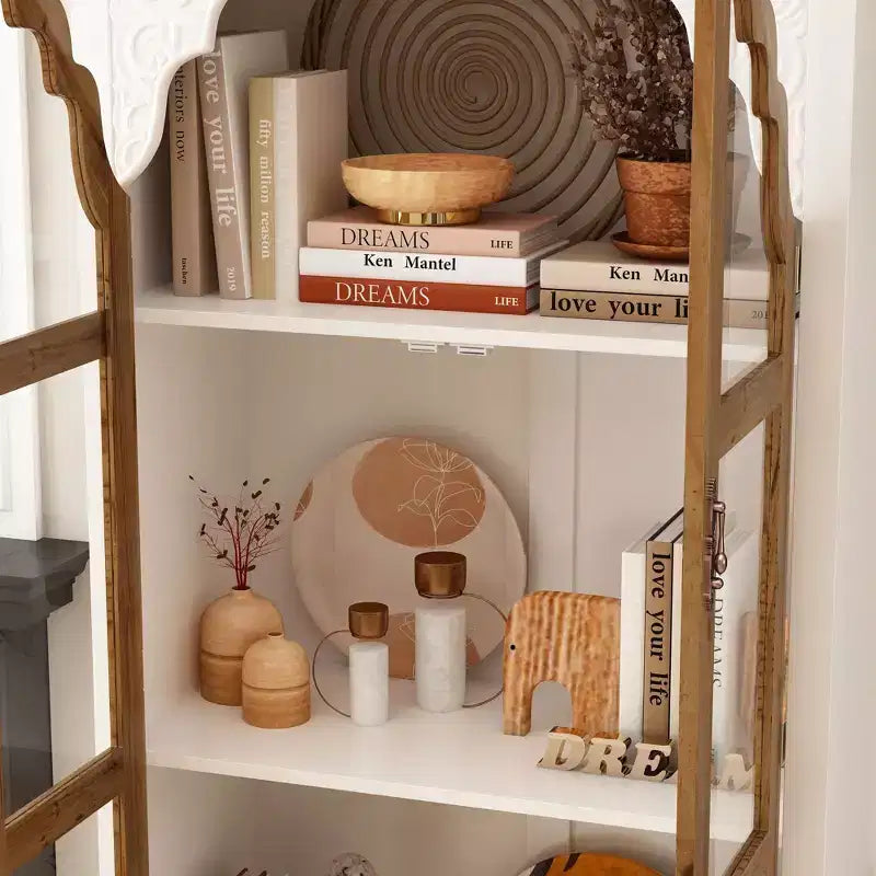 Famapy White Vertical Storage Cabinet Embossed Patterned Arched Glass Doors Bookshelves Display Cabinet Pantry Side Cabinet