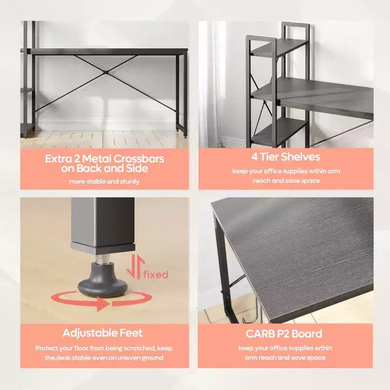 Bestier 63''Computer Desk with Shelves Storage and Oak Earphone Hook,Home office desk with 4 Tier Shelves & Adjustable Feet & Reversible Bookshelf