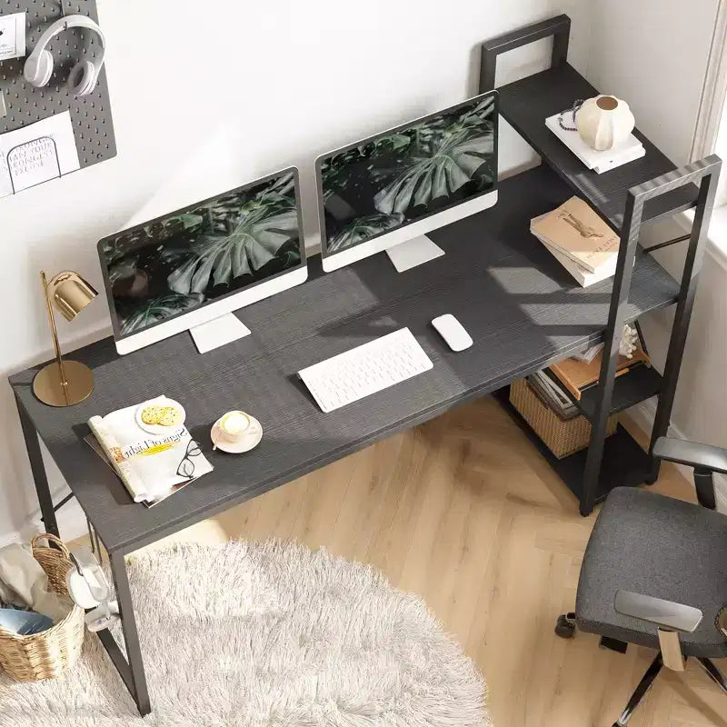 Bestier 63''Computer Desk with Shelves Storage and Oak Earphone Hook,Home office desk with 4 Tier Shelves & Adjustable Feet & Reversible Bookshelf