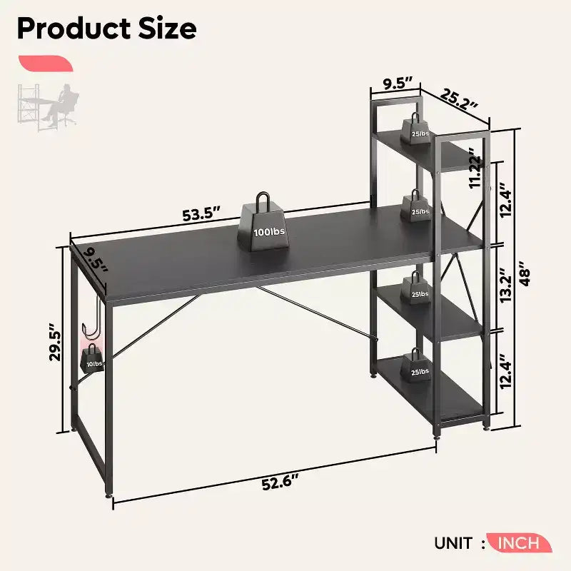 Bestier 63''Computer Desk with Shelves Storage and Oak Earphone Hook,Home office desk with 4 Tier Shelves & Adjustable Feet & Reversible Bookshelf