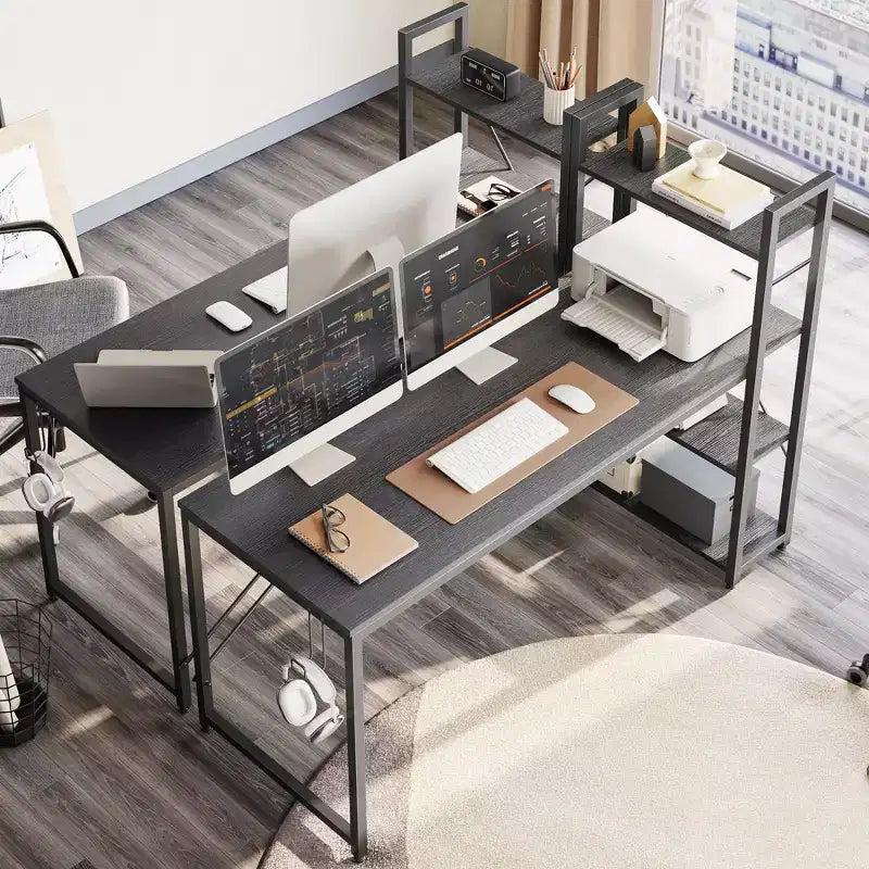 Bestier 63''Computer Desk with Shelves Storage and Oak Earphone Hook,Home office desk with 4 Tier Shelves & Adjustable Feet & Reversible Bookshelf