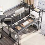 Bestier 63''Computer Desk with Shelves Storage and Oak Earphone Hook,Home office desk with 4 Tier Shelves & Adjustable Feet & Reversible Bookshelf