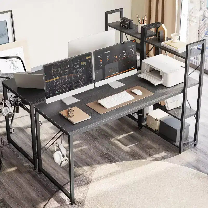 Bestier 63''Computer Desk with Shelves Storage and Oak Earphone Hook,Home office desk with 4 Tier Shelves & Adjustable Feet & Reversible Bookshelf