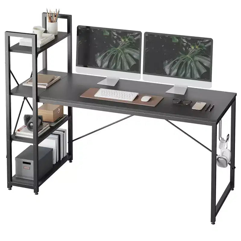 Bestier 63''Computer Desk with Shelves Storage and Oak Earphone Hook,Home office desk with 4 Tier Shelves & Adjustable Feet & Reversible Bookshelf