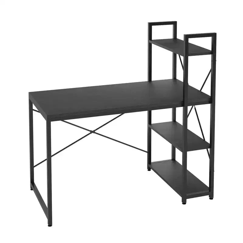 Bestier 63''Computer Desk with Shelves Storage and Oak Earphone Hook,Home office desk with 4 Tier Shelves & Adjustable Feet & Reversible Bookshelf