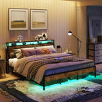 Bestier King Size Bed Frame, Metal Platform Bed with Wood Storage Headboard LED Lights and Charging Station