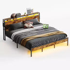 Bestier King Size Bed Frame, Metal Platform Bed with Wood Storage Headboard LED Lights and Charging Station
