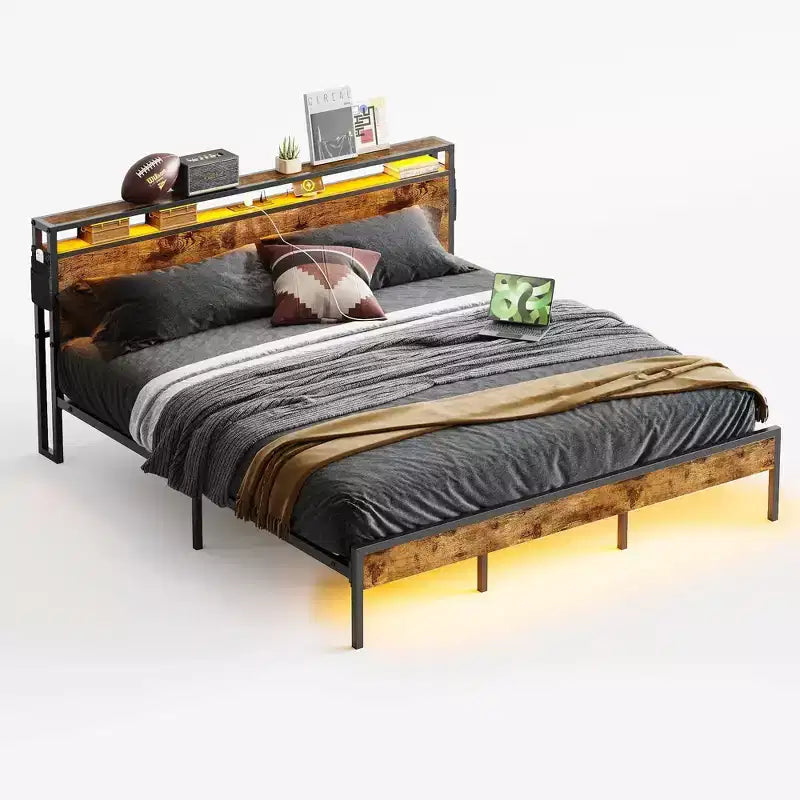 Bestier King Size Bed Frame, Metal Platform Bed with Wood Storage Headboard LED Lights and Charging Station