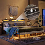 Bestier King Size Bed Frame, Metal Platform Bed with Wood Storage Headboard LED Lights and Charging Station