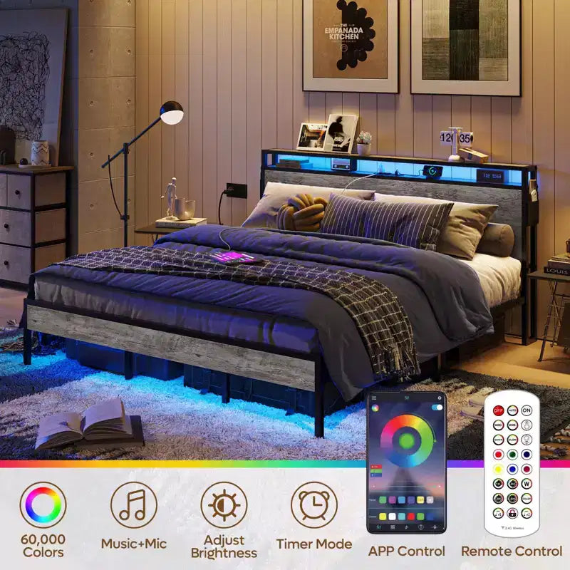 Bestier King Size Bed Frame, Metal Platform Bed with Wood Storage Headboard LED Lights and Charging Station