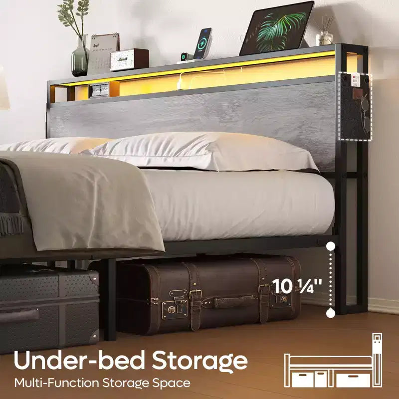 Bestier King Size Bed Frame, Metal Platform Bed with Wood Storage Headboard LED Lights and Charging Station