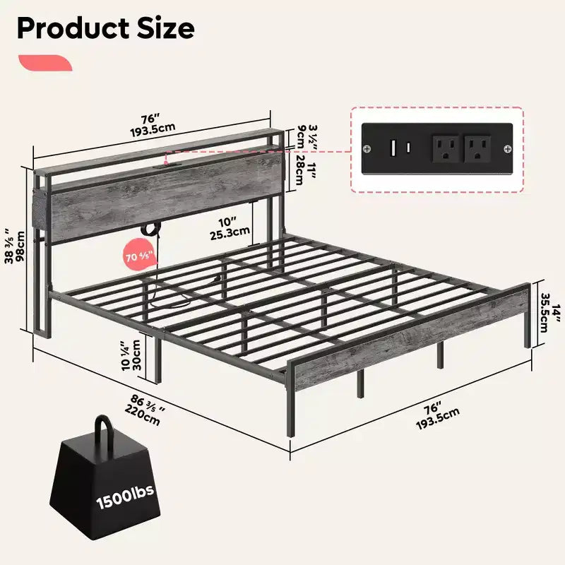 Bestier King Size Bed Frame, Metal Platform Bed with Wood Storage Headboard LED Lights and Charging Station