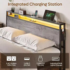 Bestier King Size Bed Frame, Metal Platform Bed with Wood Storage Headboard LED Lights and Charging Station