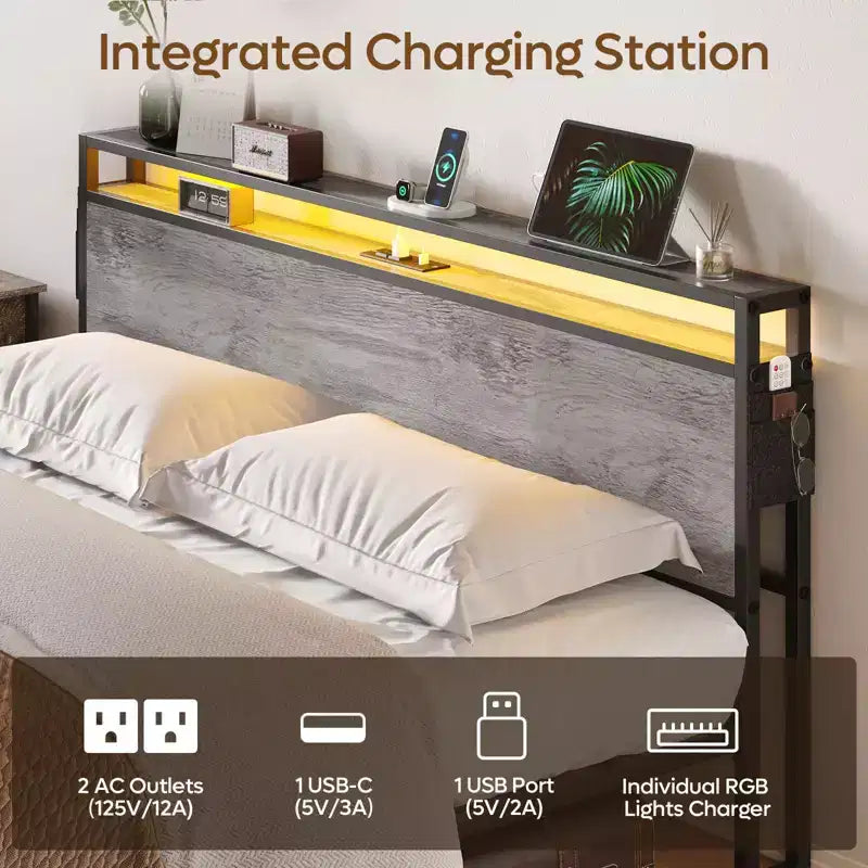 Bestier King Size Bed Frame, Metal Platform Bed with Wood Storage Headboard LED Lights and Charging Station