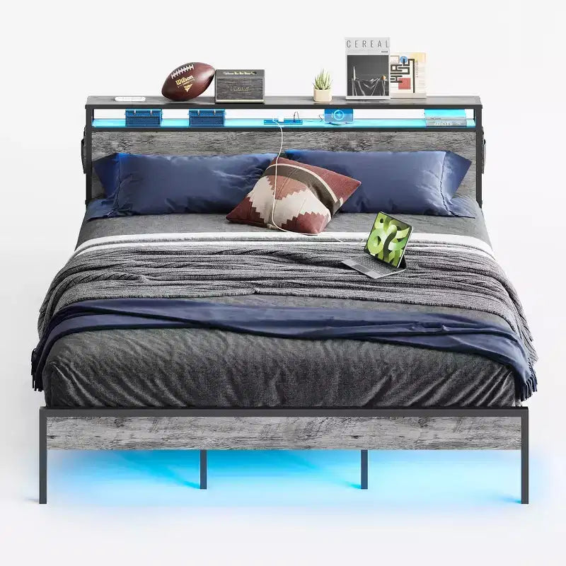 Bestier King Size Bed Frame, Metal Platform Bed with Wood Storage Headboard LED Lights and Charging Station