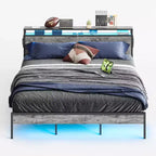 Bestier King Size Bed Frame, Metal Platform Bed with Wood Storage Headboard LED Lights and Charging Station