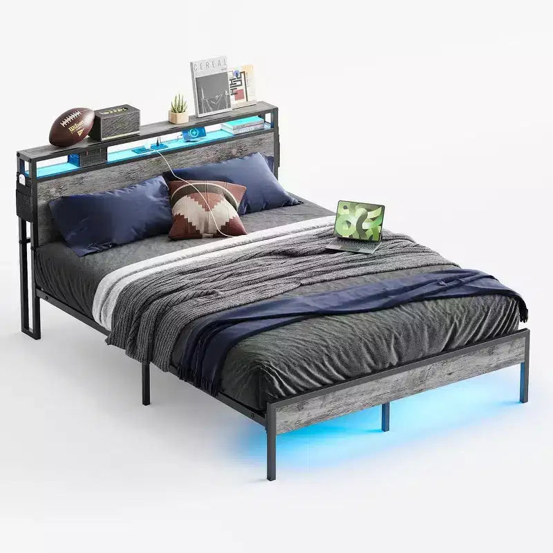 Bestier King Size Bed Frame, Metal Platform Bed with Wood Storage Headboard LED Lights and Charging Station