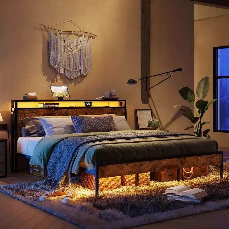 Bestier Letto Matrimoniale King Size, Struttura Letto in Metallo con Testiera in Legno con Spazio di Archiviazione, Luci a LED e Stazione di Ricarica