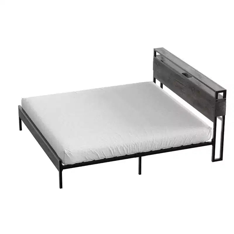 Bestier King Size Bed Frame, Metal Platform Bed with Wood Storage Headboard LED Lights and Charging Station