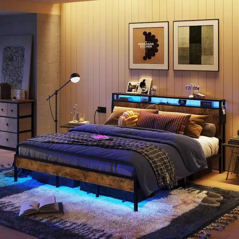 Bestier Letto Matrimoniale King Size, Struttura Letto in Metallo con Testiera in Legno con Spazio di Archiviazione, Luci a LED e Stazione di Ricarica
