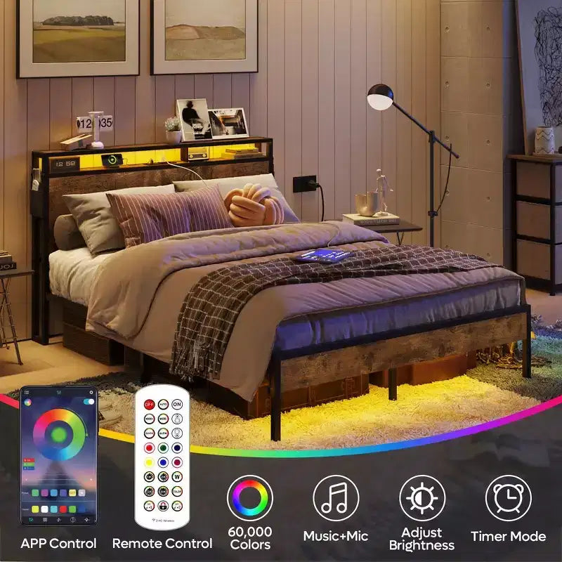 Bestier Letto Matrimoniale King Size, Struttura Letto in Metallo con Testiera in Legno con Spazio di Archiviazione, Luci a LED e Stazione di Ricarica
