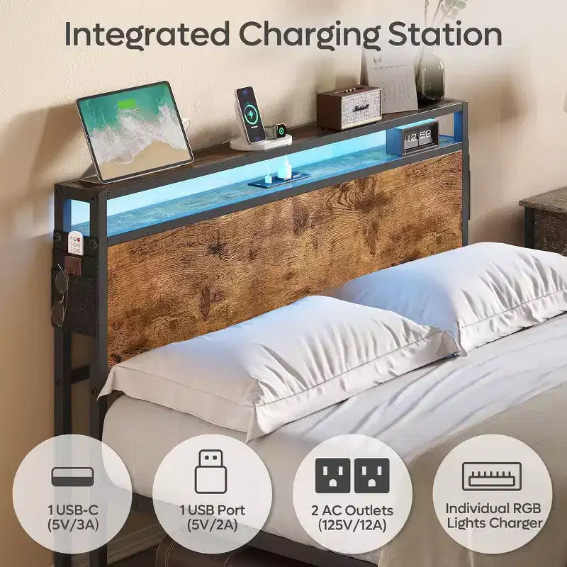 Bestier Letto Matrimoniale King Size, Struttura Letto in Metallo con Testiera in Legno con Spazio di Archiviazione, Luci a LED e Stazione di Ricarica