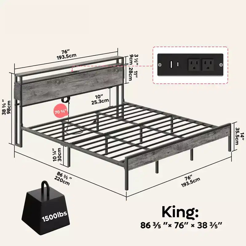 Bestier King Size Bed Frame, Metal Platform Bed with Wood Storage Headboard LED Lights and Charging Station