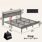 Bestier King Size Bed Frame, Metal Platform Bed with Wood Storage Headboard LED Lights and Charging Station